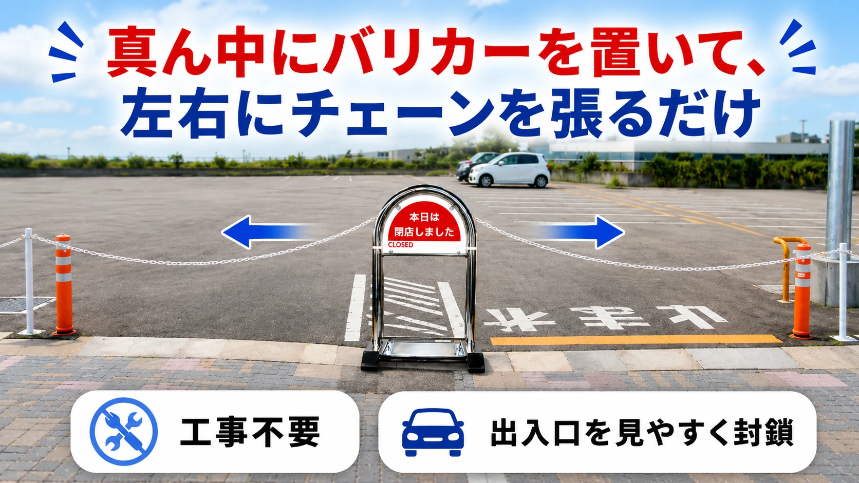 花まるバリカーは真ん中に置いて左右にチェーンを張るだけで出入口を封鎖できます